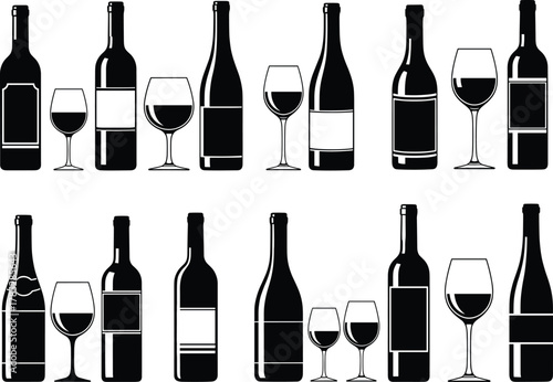 Wine bottles and glasses vector illustration, elegant alcohol drink collection, winery concept, bar decoration, beverage design, celebration, luxury drinking theme