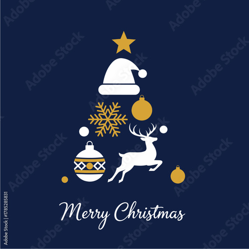 A minimalist Christmas tree illustration with a Santa hat, snowflake, ornaments, and a reindeer, set against a navy blue background with the text "Merry Christmas".