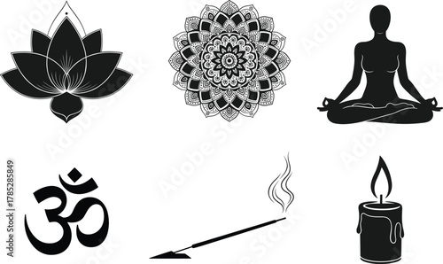 Yoga and meditation symbols vector, lotus flower, mandala design, Om sign, incense stick, candle, mindfulness, spirituality, relaxation, wellness, zen art illustration
