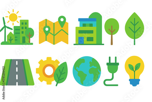 Eco-friendly energy flat icon set. Sustainable environment and green technology graphics