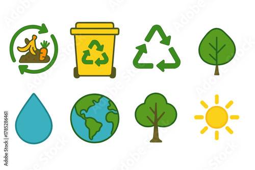 Sustainability & recycling flat icon set. Eco-friendly, environmentally conscious icons