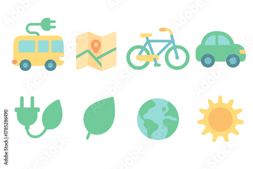 Eco-friendly, travel flat icon set. Transportation, sustainability icons flat collection