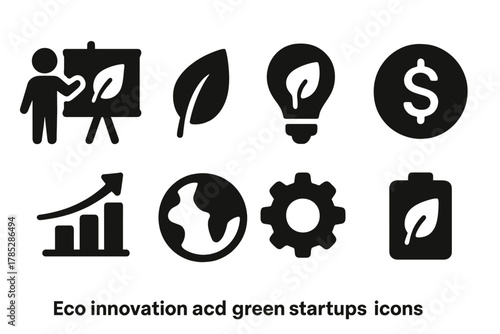 Eco innovation and green startups solid icon set. Sustainability, environment icons collection