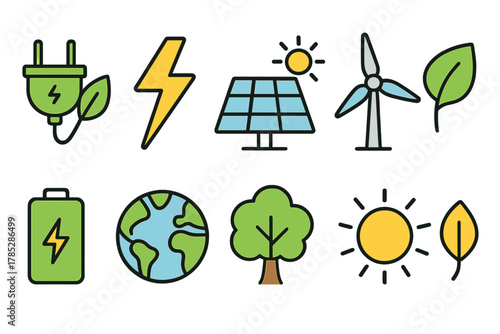 Eco-friendly energy outline icon set: renewable energy, environment, green icons