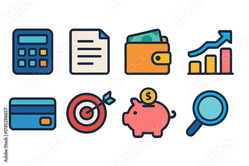 Finance and budgeting icon set. Flat style financial symbols for planning and analysis