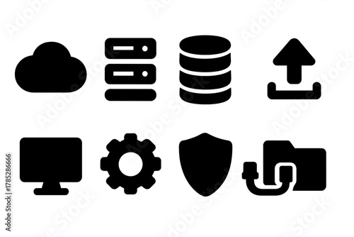 Cloud storage filled icon set. Backup, security, and data management icons pack
