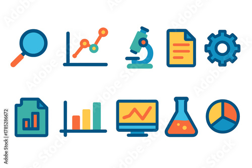 Business and science flat icon set. Analytics, research, and data visualization icons