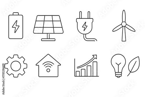 Renewable energy outline icon set: solar, wind, battery, smart home icons collection
