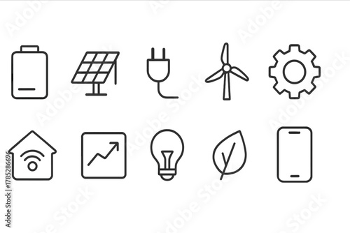 Energy and technology line icon set. Renewable energy, home automation line icons collection.