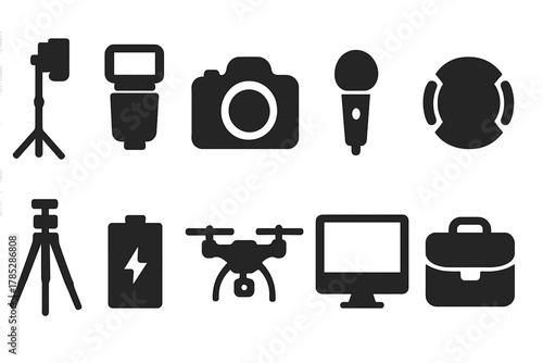 Photography silhouette icon set. Camera, microphone, lens flat icons collection