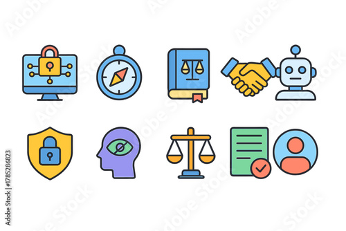 Cybersecurity and ai icon set. Business, technology, and security icons in flat style.