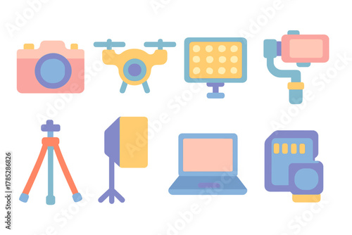 Photography equipment flat icon set. Camera, drone, laptop and accessories collection