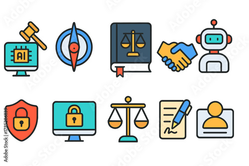 Artificial intelligence, law, and technology flat icon set for digital use