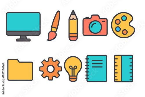 Creative tools icon set. Flat design for digital art and office essentials