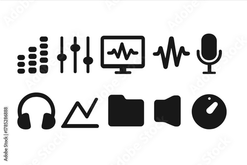 Music and audio solid icon set. Sound, microphone, headphones, and wave icons collection