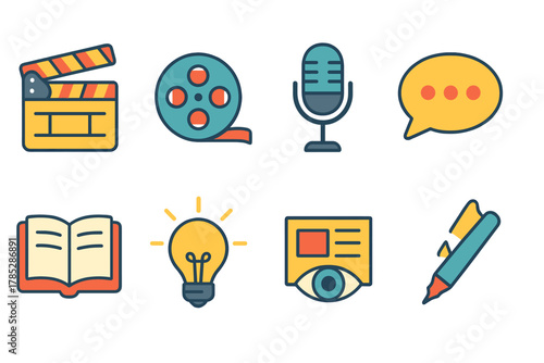 Multimedia and communication flat icon set. Audio, video, book, lightbulb, pencil icons.