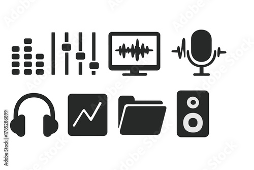 Audio, music production solid icon set. Sound, recording equipment icons collection