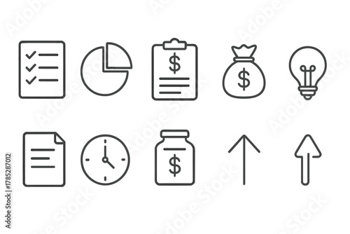 Business and finance outline icon set. Office, money, productivity icons collection.