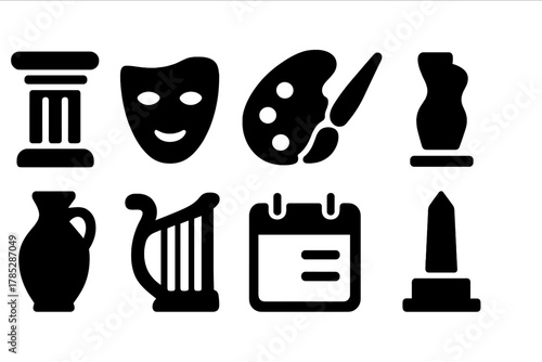 Art and culture solid icon set. Creative, artistic symbols in solid style.
