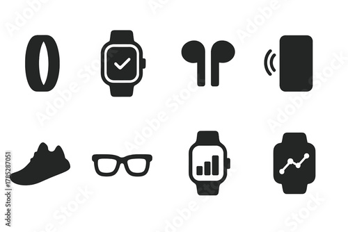 Wearable technology solid icon set. Gadgets, smart devices icons solid collection