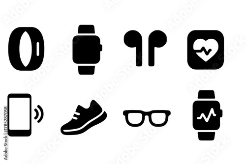 Wearable technology solid icon set featuring smart devices and gadgets