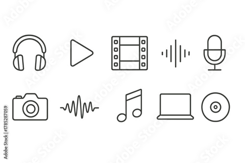 Media and entertainment line icon set. Audio, music, video, sound, devices icons