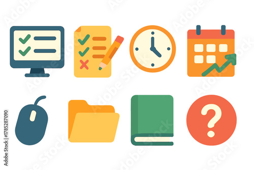Office productivity flat icon set. Task management, time management, organization icons.