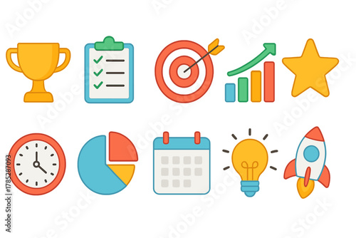 Business and productivity icon set. Flat style icons for goals, success, and planning.