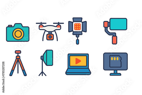 Photography and videography flat icon set. Camera, drone, tripod and more icons