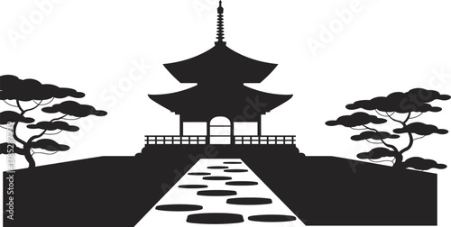 Traditional Japanese pagoda temple silhouette vector illustration, zen architecture with garden trees and stone path, perfect for travel, culture, heritage, and minimal art design
