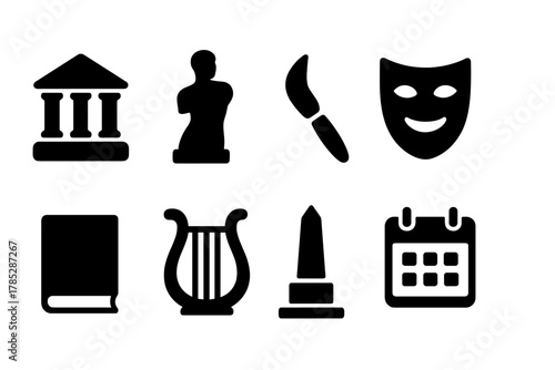 Arts and culture solid icon set. Museum, sculpture, theater icons solid collection
