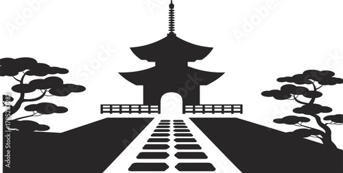 Traditional Japanese temple vector illustration, pagoda silhouette with pathway and trees, Asian architecture design, Zen garden, cultural landmark for travel and heritage projects