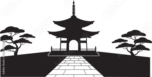 Traditional Japanese temple silhouette vector illustration, Asian pagoda architecture with garden trees, pathway design for culture, travel, history, and zen inspiration artwork