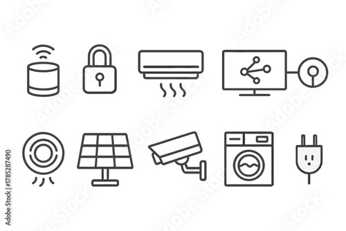 Smart home line icon set. Automation, security, and energy icons outline collection