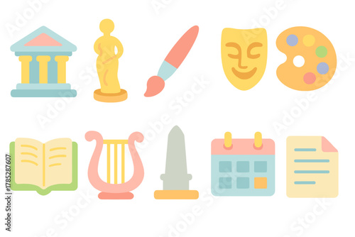 Culture, arts flat icon set. Museums, music, literature icons flat collection