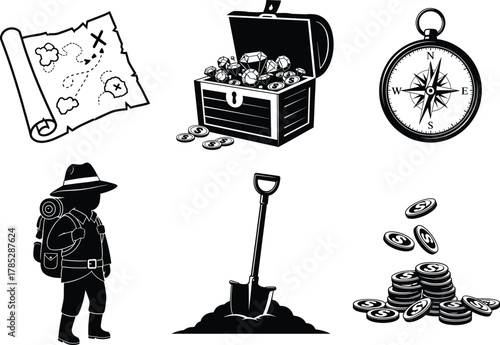 Treasure hunt vector icons, explorer silhouette, map scroll, compass, coins, adventure theme, black and white illustration, discovery concept, isolated design set