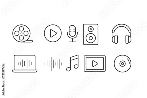 Multimedia line icon set. Music, video, sound, technology icons collection