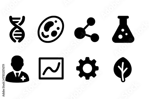 Science and research solid icon set. Biology, chemistry, physics icons in solid collection