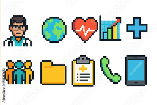 Healthcare and medical pixel icon set. Colorful, flat icons for health services