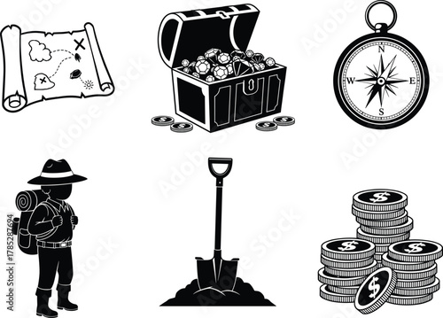 Treasure hunt vector, explorer silhouette, map and compass illustration, digging for gold, adventure icons, black and white discovery scene for stock