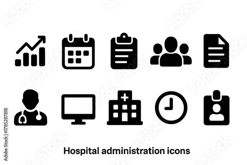 Hospital administration solid icon set. Medical services, healthcare management icons.