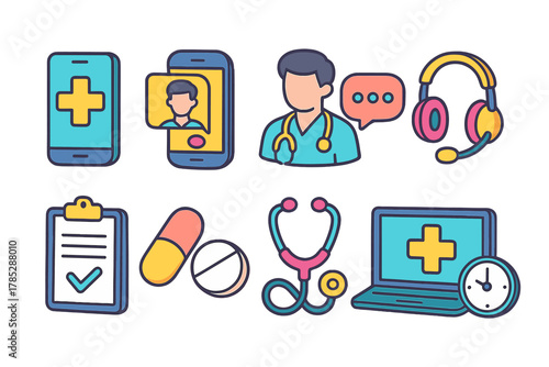 Telemedicine, healthcare flat icon set. Medical consultation and tools flat collection
