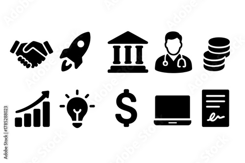 Business and finance solid icon set with economy, fintech, and technology elements
