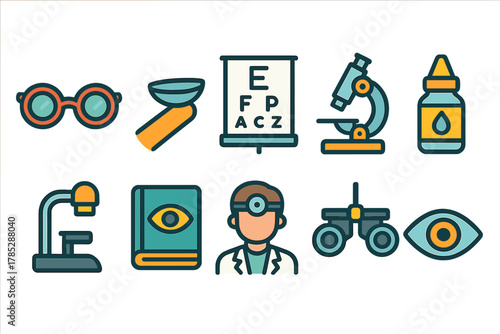 Eye care, optometry flat icon set. Vision, eye health icons flat collection