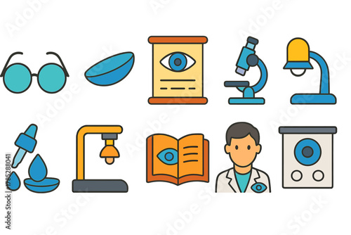 Optometry and eye care icon set. Vision, eye health, flat style icons collection