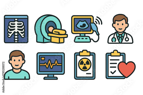 Medical and healthcare flat icon set. Doctor, equipment, radiology, heartbeat, checkup icons.