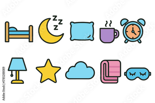 Sleep and relaxation icon set. Bedtime, night routine icons flat collection