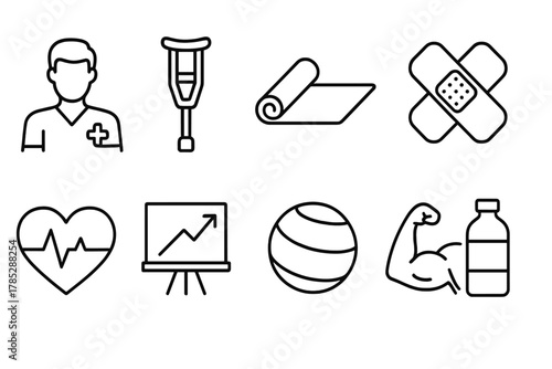 Medical and fitness outline icon set. Health, exercise, recovery symbols in line style