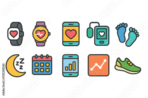 Health and fitness flat icon set. Wellness, heart rate, exercise, sleep, activity icons