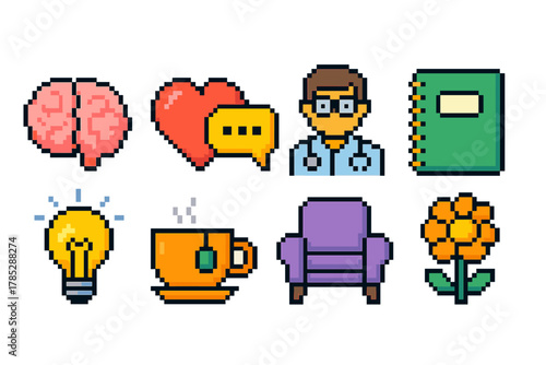 Mental health pixel icon set. Therapy, self-care, support digital pixel collection